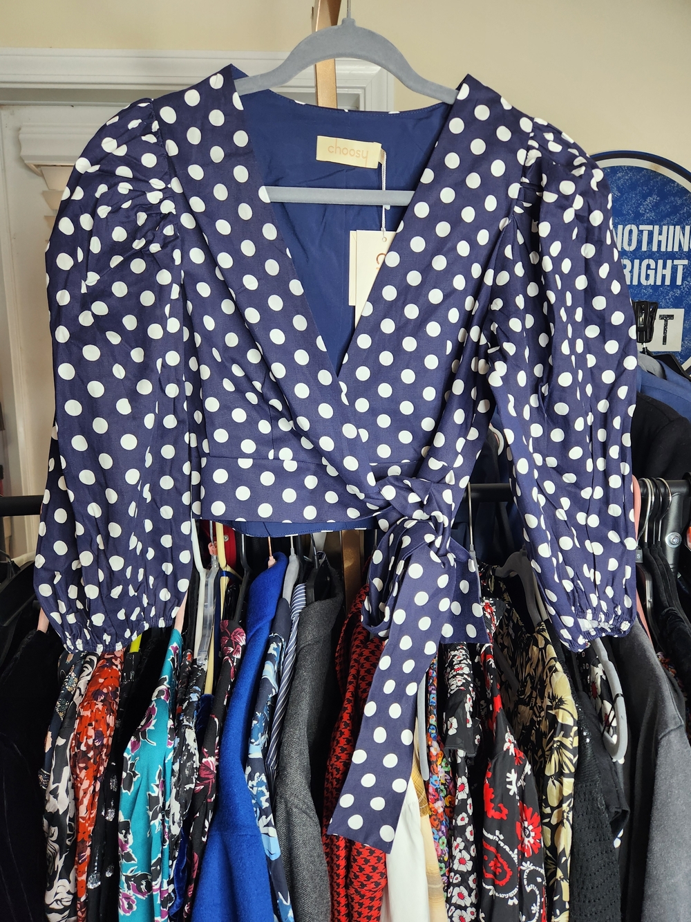 Choosy Navy Polka Dot Wrap Crop Top